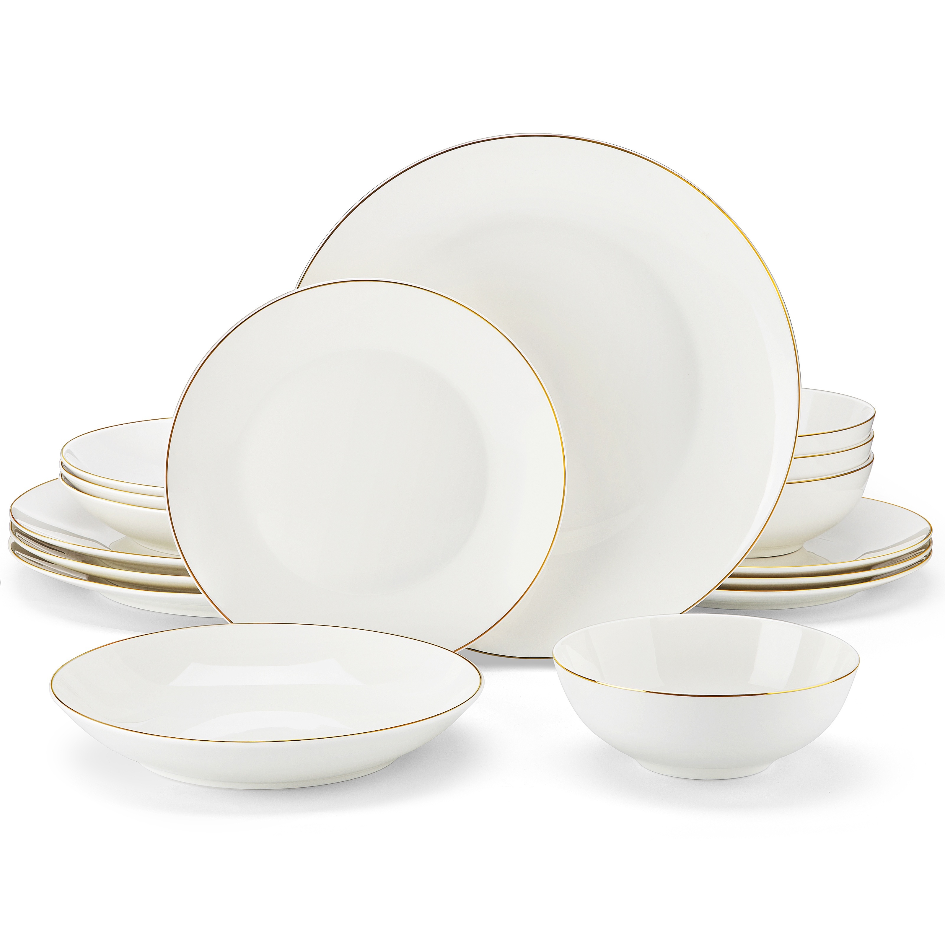 Image of Dinner Sets For , 16pcs Bone China Plates And Bowls Set With Golden Rims, Round White Crockery Set With Dinner Plate, Dessert Plate, Soup Plate, And Cereal Bowl