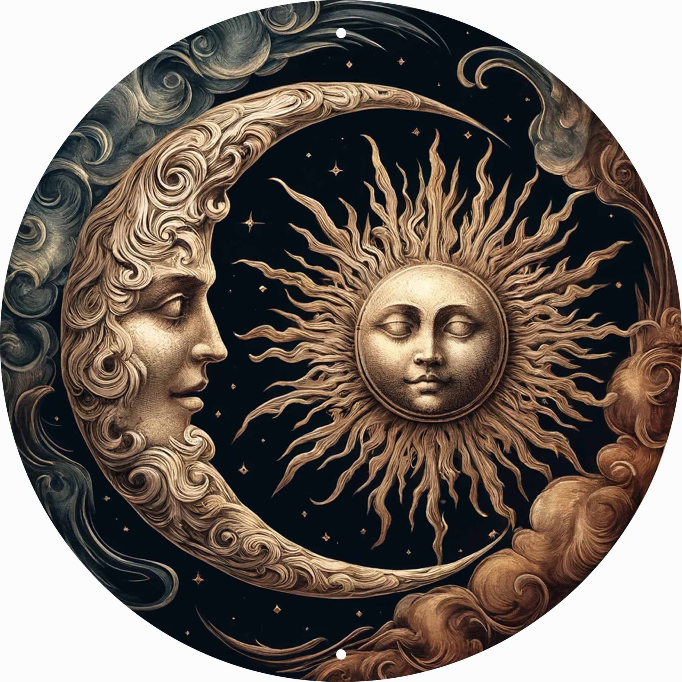 

Sun And Moon Circular Metal Sign Wall Art, 1 Piece Foil Engraved Tin Sign For Home Decor, Indoor/outdoor Use For Living Room, Bedroom, Cafe, Garage Entrance – Durable Metal Material, 20cm Diameter