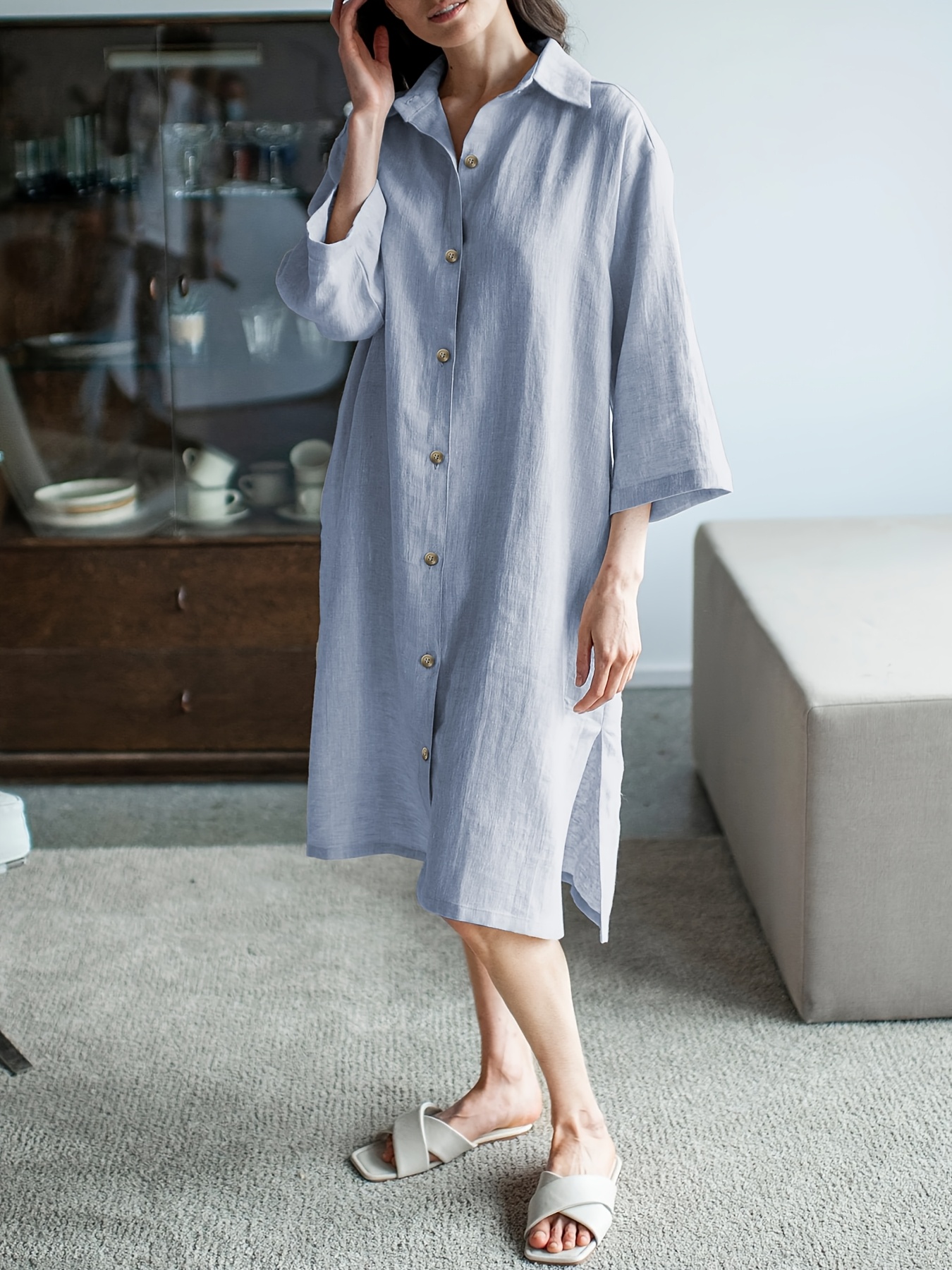 women's casual loose fit length button shirt dress solid Temu Canada