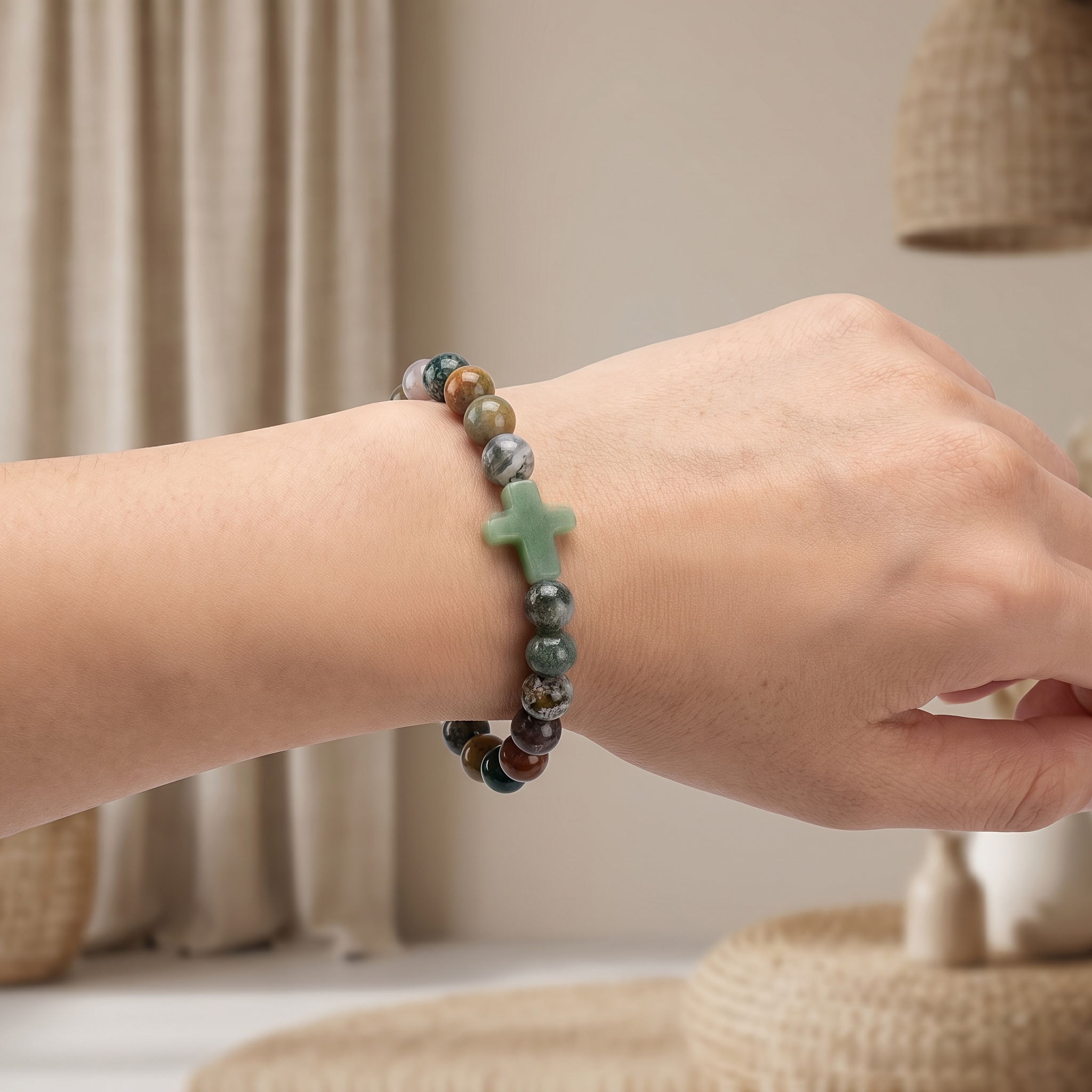 Minimalist Round Bead Bangle with Cross Pendant