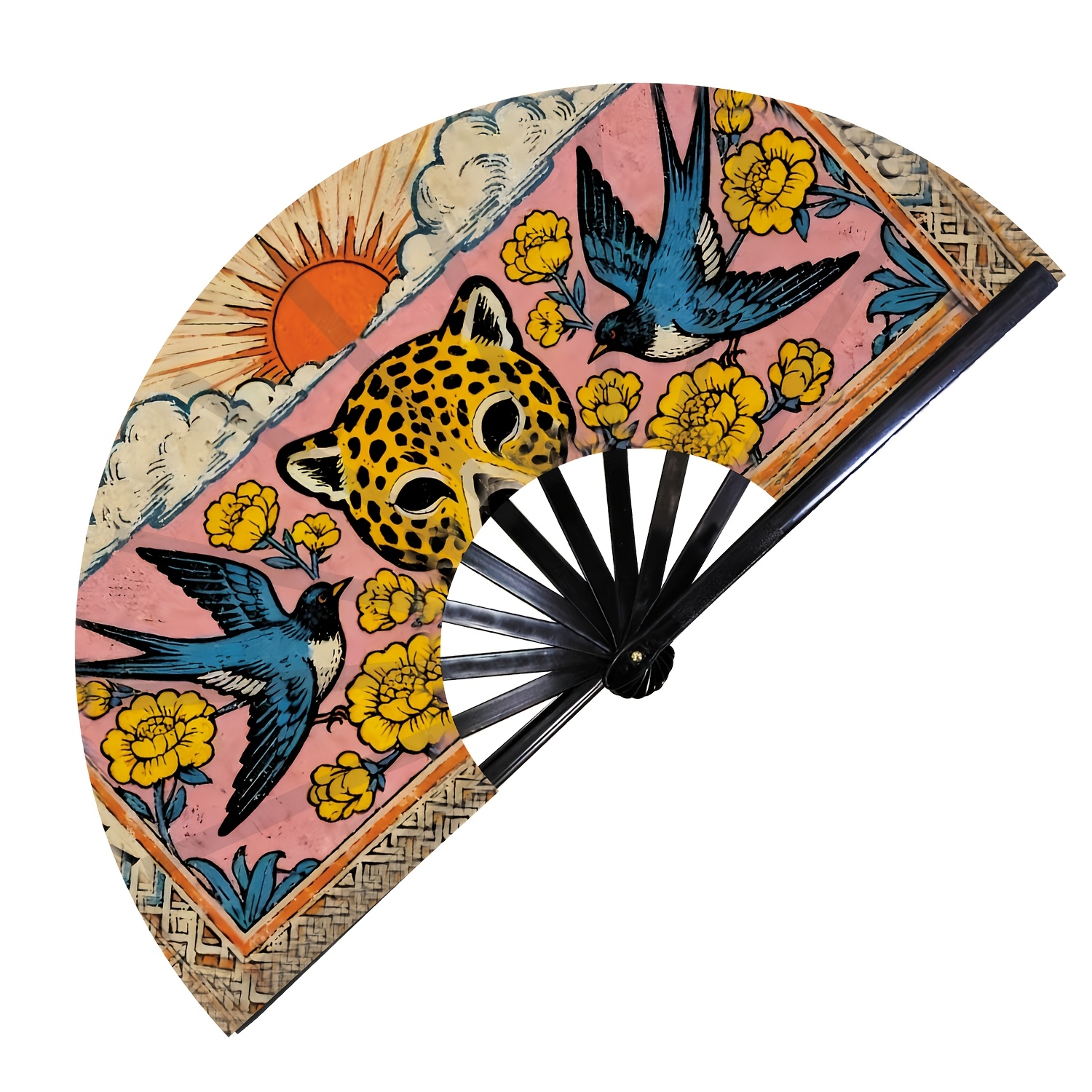 Image of 1pc 13-inch Vintage Tattoo Print Folding Hand Fan, Leopard Swallow , , Portable Cooling Fan, Festival Party Accessory, Wall Decoration, Gift For Women, Bohemian Bedroom Ornament