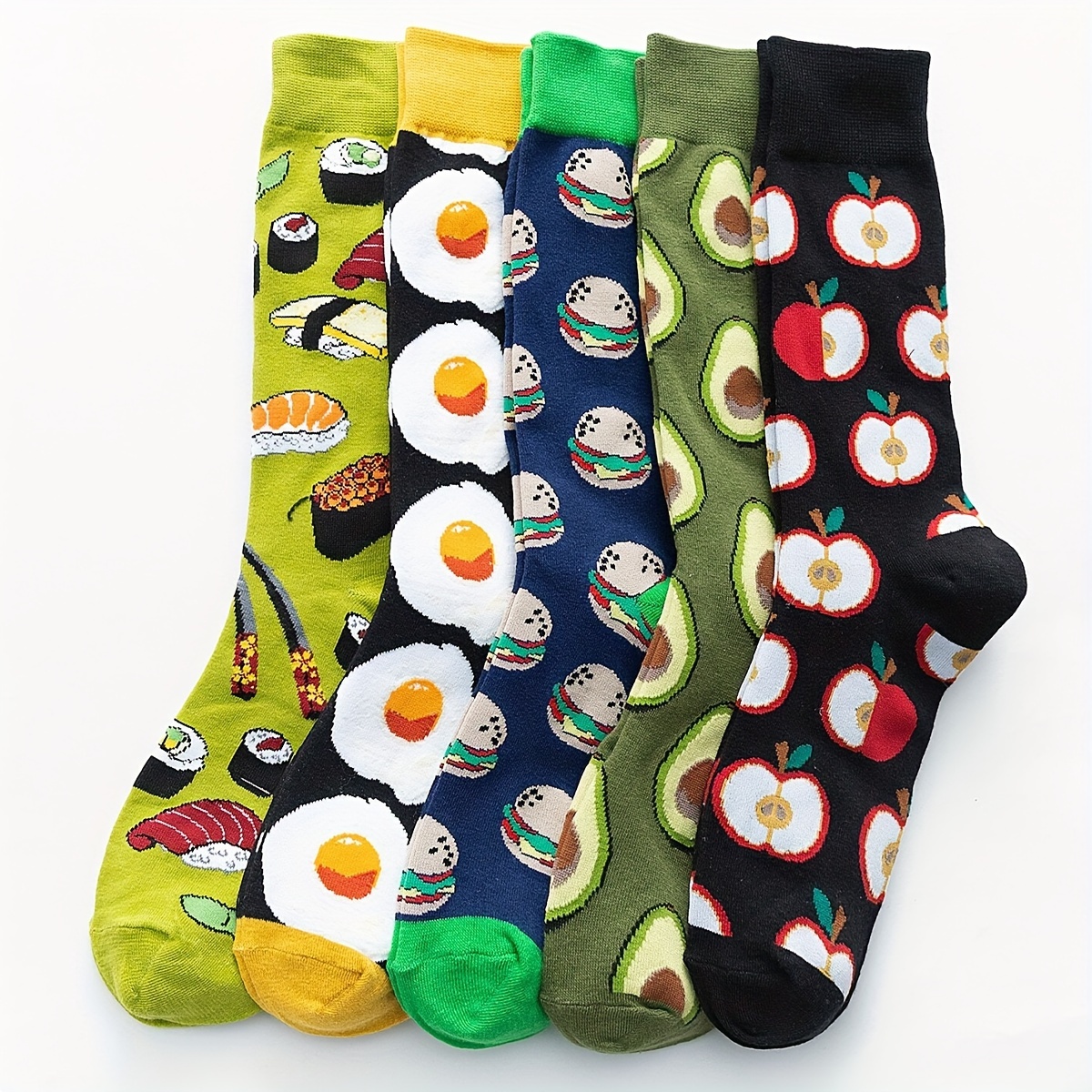 

5 Pairs Egg & Hamburger Print Socks, Casual & Cute Comfy Mid Tube Socks, Women's Stockings & Hosiery