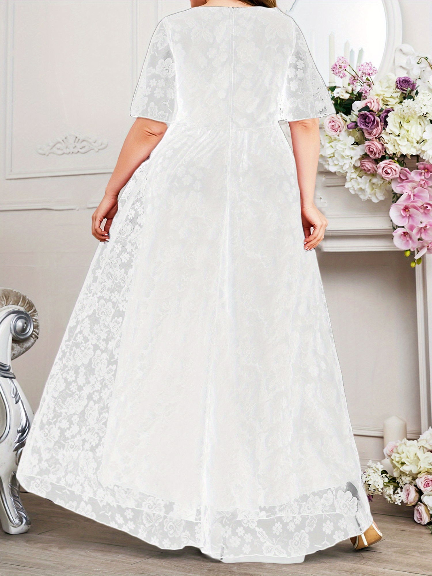 plus size womens elegant floral lace long dress v neck half - Temu