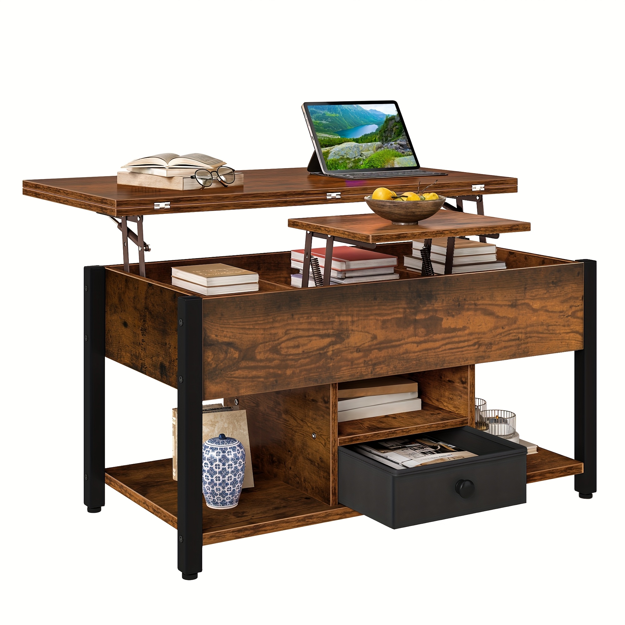 TEMU Coffee Table With Top And Drawers, A Versatile 4-in-1 Design That Includes Storage And A Concealed Compartment, Into A Dining Table Suitable For