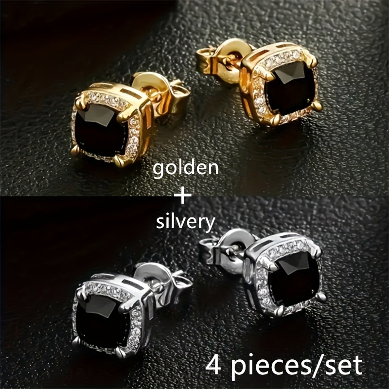 

2 Pairs/european And American Fashion New 6mm Square Black Zirconia Earrings - Men's Hip-hop Style Punk Jewelry - Durable, Fashionable, Unique Mini Earrings