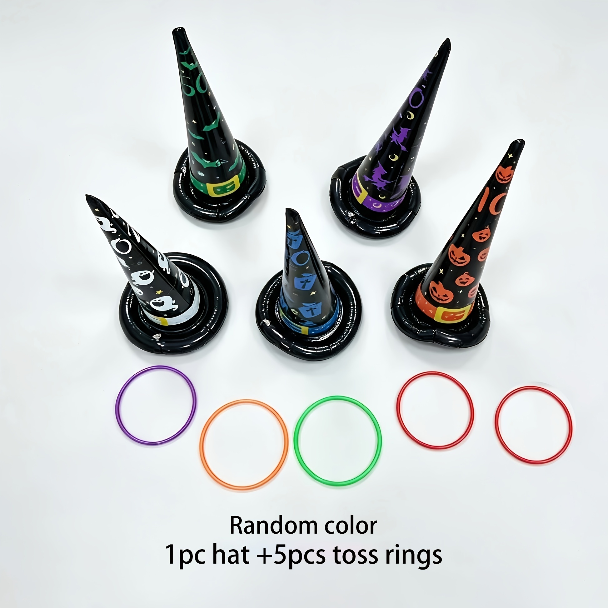 TEMU 6pcs Halloween Witch Hat Inflatable Set - Random 5pcs Colored Rings, Multiplayer Outdoor Party Game, Scary Bat And Pumpkin Design, Suitable For