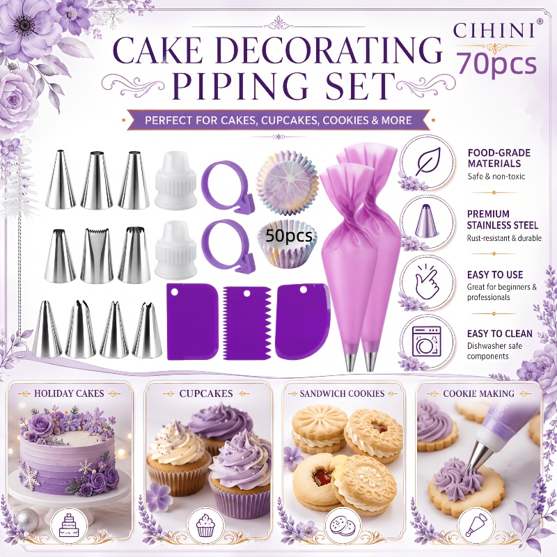 TEMU Cihini-70pcs Cake Decorating Tools Set, Includes: 50 Cake Cups, 10 Piping Nozzles, 3 Icing Spatulas, 2 Reusable Decorating Bags In Different