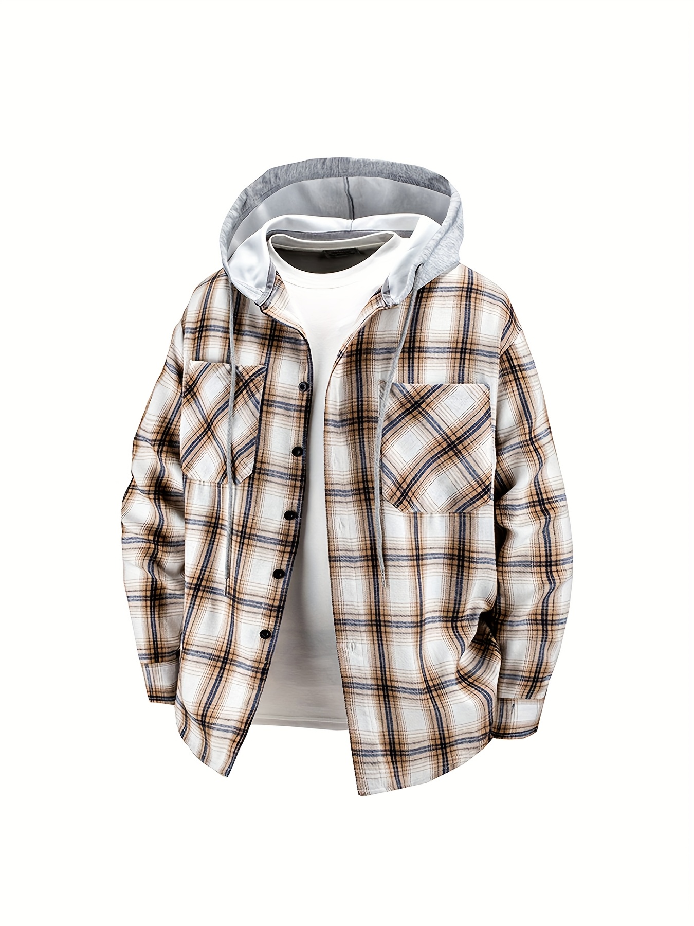 New Men'S Spring And Autumn Hooded Shirt Casual Jacket, Buttoned Plaid Top, Lightweight Outdoor Casual Sportswear for Men, Stylish Everyday Outfit with Pockets
