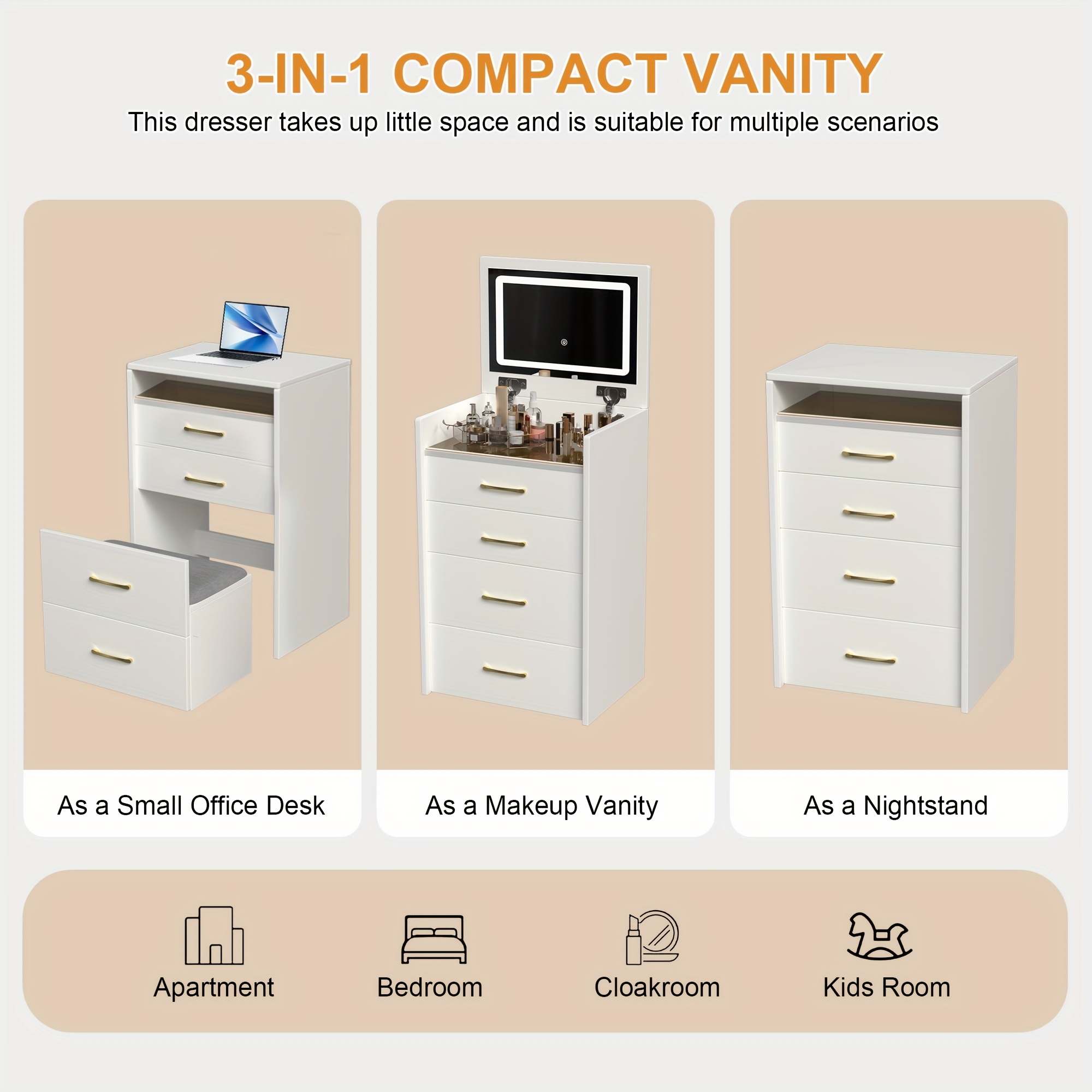 19 69 wide 3 in 1 dressing table makeup table with adjustable open top   storage cabinet with 3 drawers dressing table with stool easy to assemble suitable for small space apartment bedroom powder room best gift for girls Product details 1