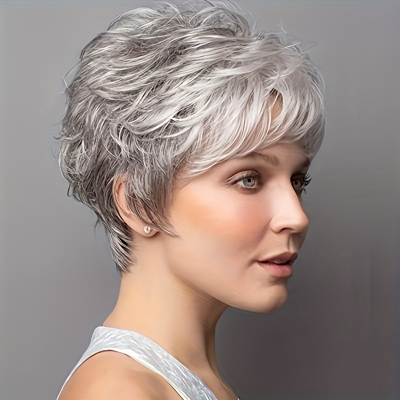 Short Pixie Cut Grey Curly Wig Bangs Women Mixed Silvery Temu