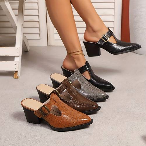 imagen del artículo tacones altos huecos talla de piedra mule de talón exterior, zapatos de mujer