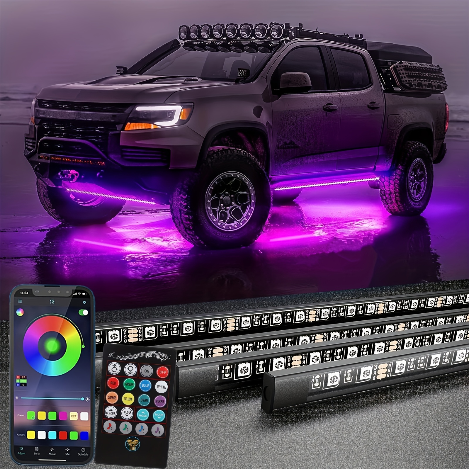 TEMU Car Colorful Led Chassis Light Strip Kit, 4in 1 Kit, 16 Million Colors, Dancing With Music, App Control And Remote Control, Hard Wiring,