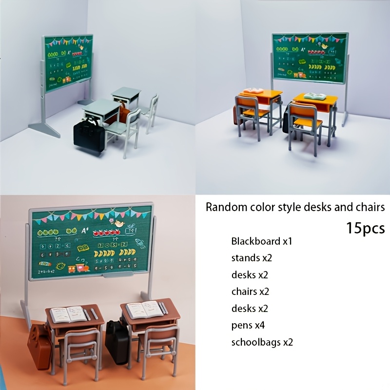 TEMU 15pcs Mini Classroom Desks, Including A Dollhouse Classroom Model With Blackboard And Desks, Assembled . Suitable For Photography Props And