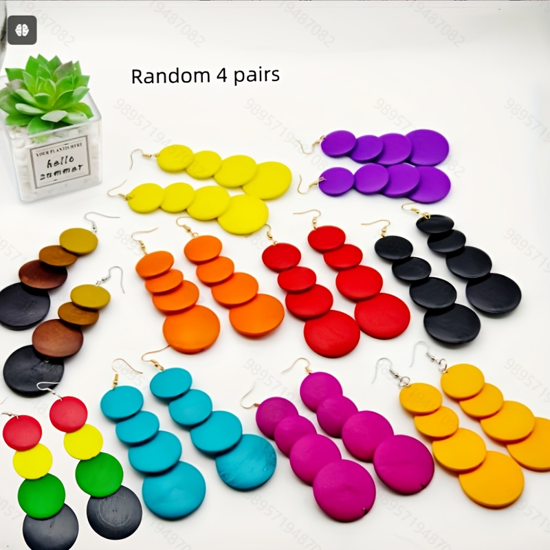 Random 4 Pairs Linked Circular Ethnic Style Long Earrings Multicolor Vibrant Wooden Earrings