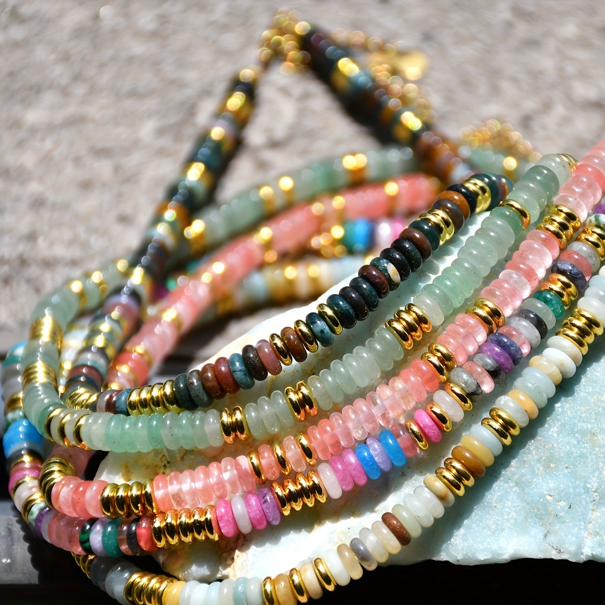 

Boho-chic Colorful Natural Stone Beaded Necklace With Golden Accents - Handcrafted, Perfect For Vacation & Everyday Wear, Ideal Gift For Mother's Day & Birthdays