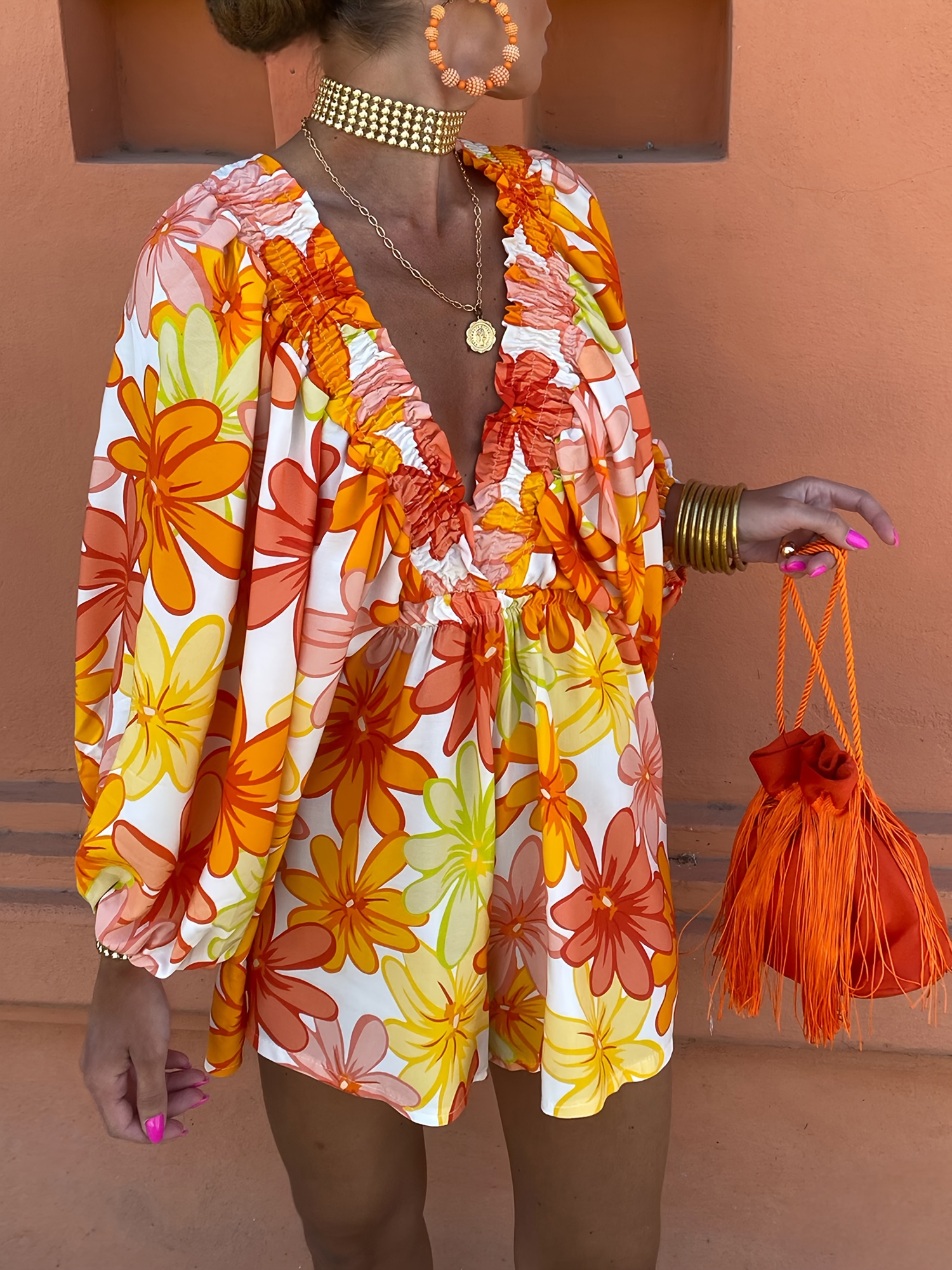 1pc Women'S Romper Polyester V-Neck Jumpsuit with Puffy Sleeves,  Gingham and Floral Print, Deep V-Neck Playsuit, Loose Fit Beachwear