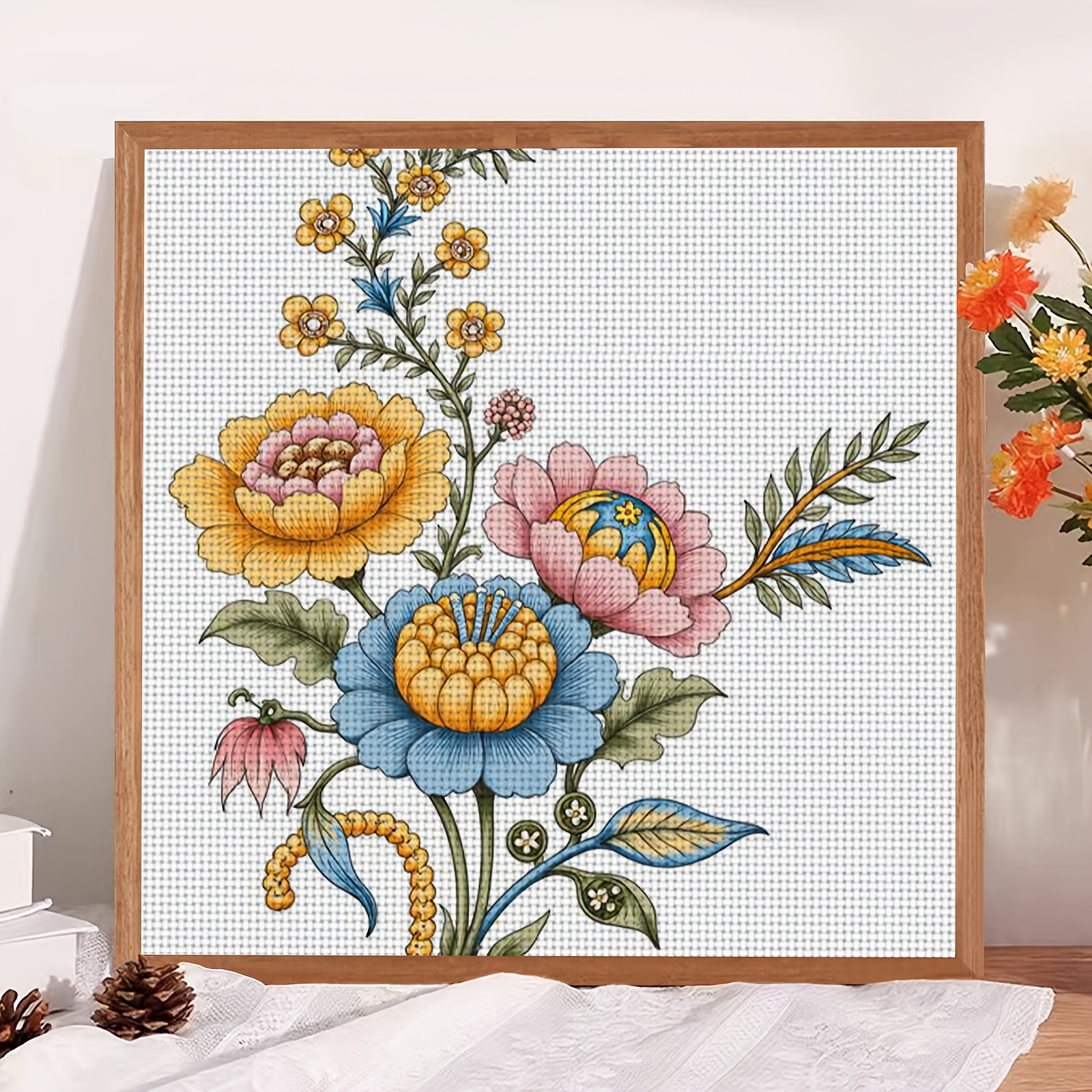Cross Stitch Printed Kit, Frameless Colorful Floral Illustration