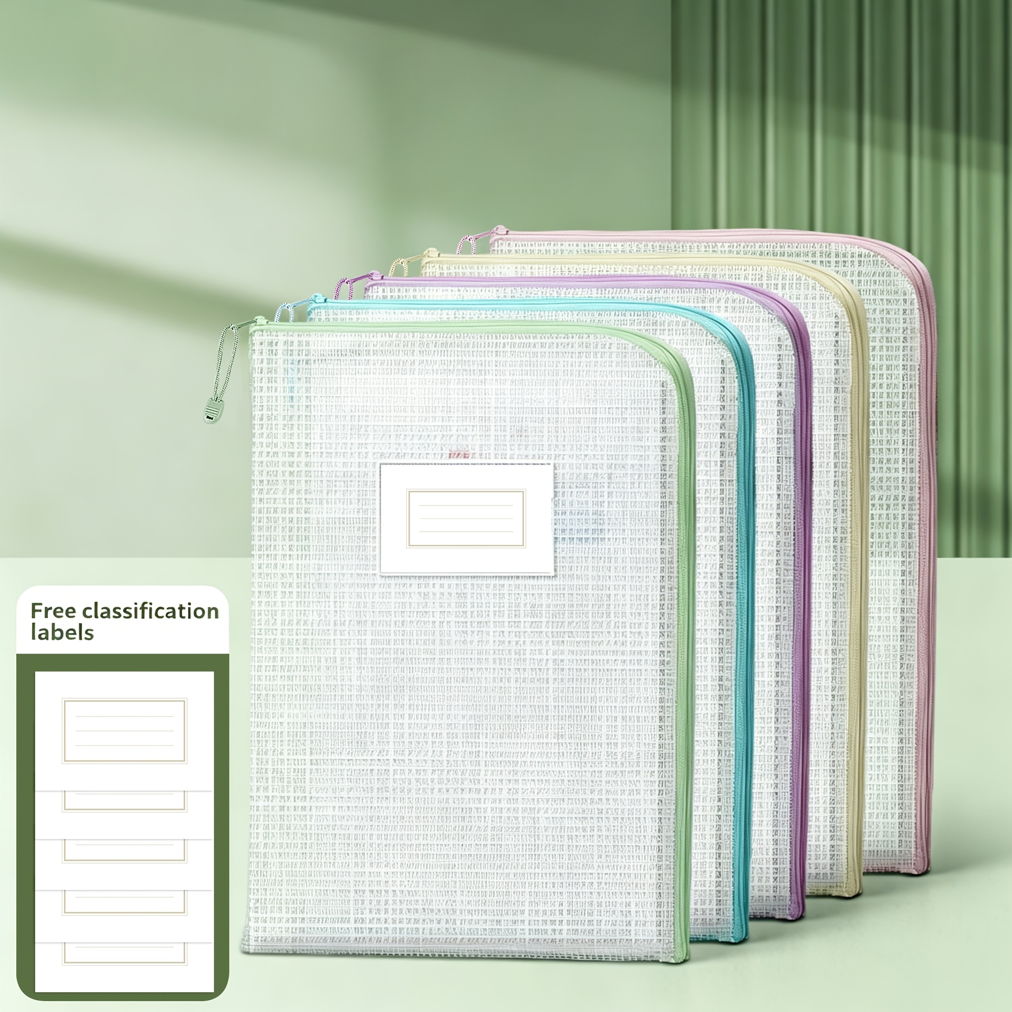 5pcs A4 Size L-shaped Zipper File Folders With Labels, Extra Thick Mesh File Organizers, Large Capacity Storage Bags For Students/office/homework, Labels Are Random