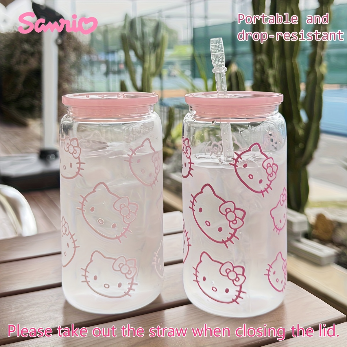 Sanrio HelloKitty Transparent PC Water Bottle with Straw for Outdoor Travel Coffee Mug Cute Kitten Pattern Gift for Her Birthday