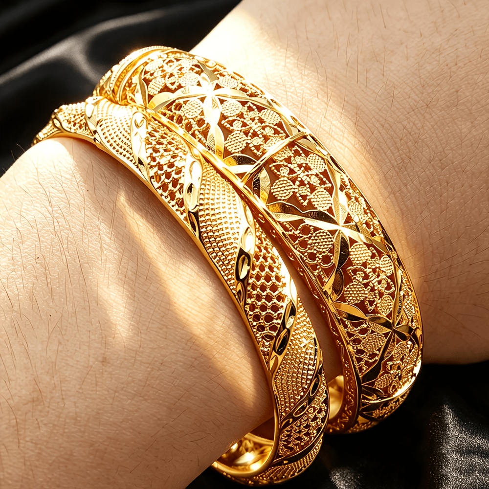 TEMU 2pcs Golden Bohemian Floral Bangles, Unisex, Ideal Accessories For Bridal Weddings, Holiday Parties And Gatherings, Perfect Back-to-school Gifts