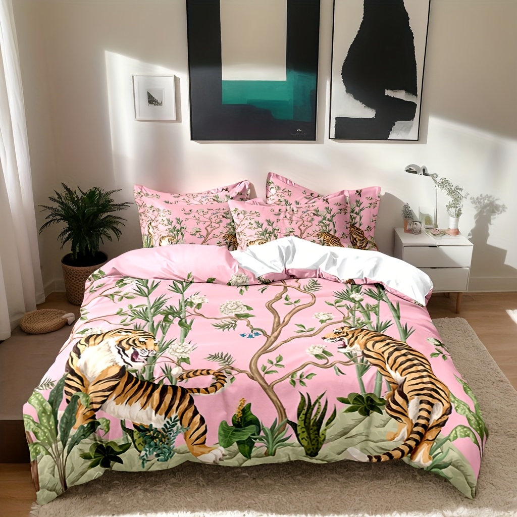 TEMU Ensemble de Housse de Couette en Polyester 3 pièces (1*Housse de Couette + 2*Taies d'Oreiller, Noyau), Ensemble de Literie à Imprimé Tigre pour