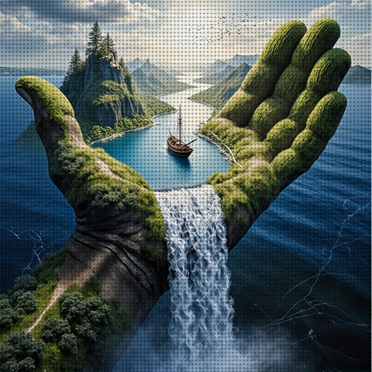 TEMU 1pc Printed Diy Cross Stitch Kit, Frameless, "giant Hand Holding A Waterfall" Pattern, Perfect For Beginners' Relaxing Craft Time, Allows You To