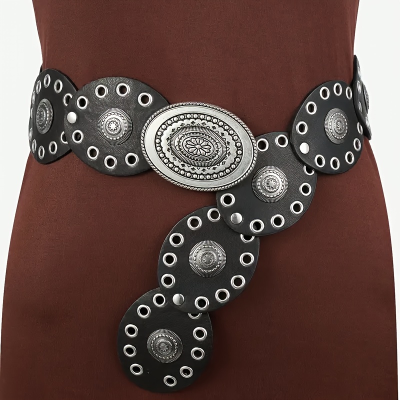 TEMU A Retro-style Women's Faux Leather Belt With An Oval Decorative - Sturdy Snap Closure, Non- Material, Lightweight Design, Suitable For Casual, Dinner, And Festive Occasions - Hand Washable