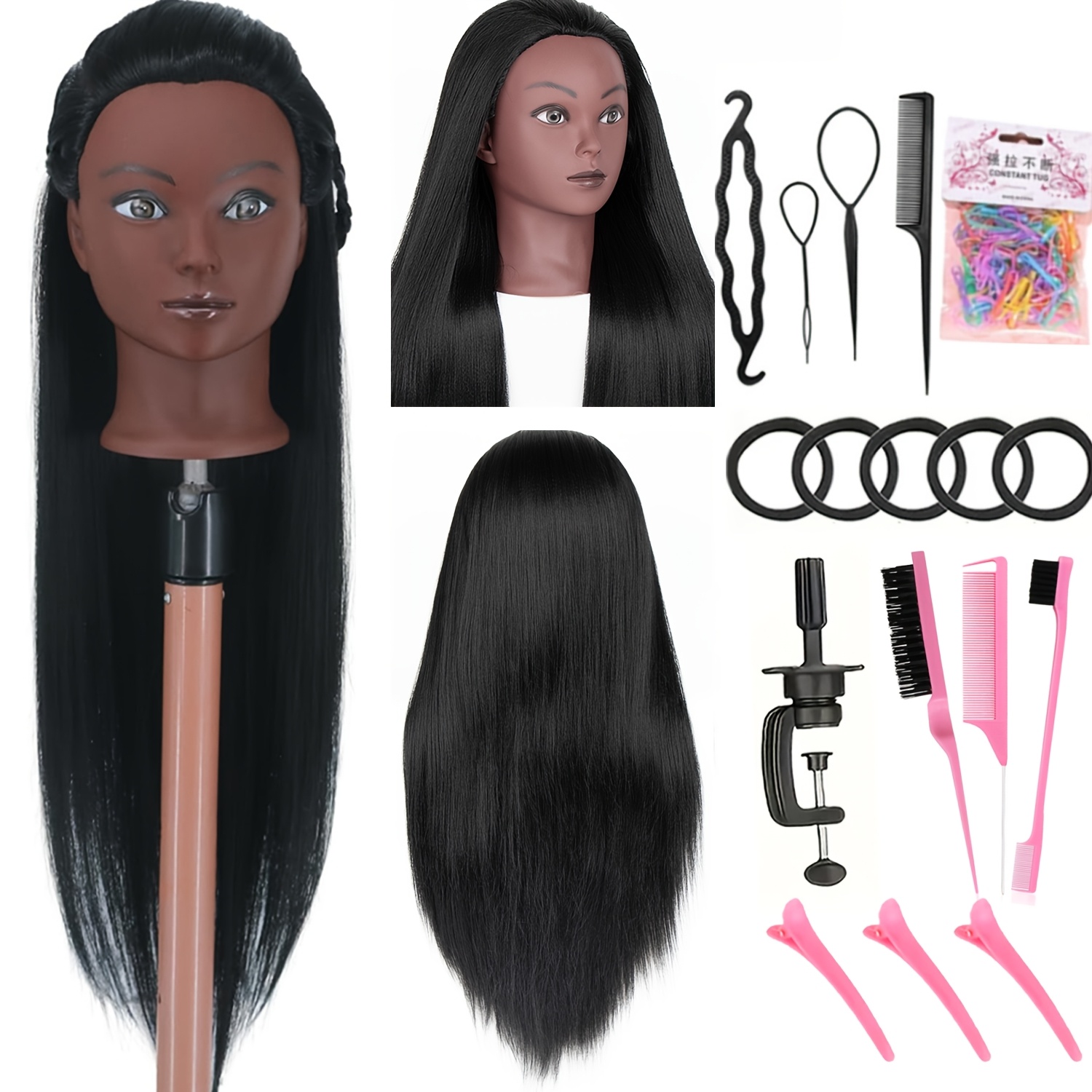 TEMU Tête de Mannequin à Cheveux de 26 Pouces pour de Coiffure - Tête de Poupée d'Entraînement, Styling Capillaire Cosmétique avec Pince, Peignes et
