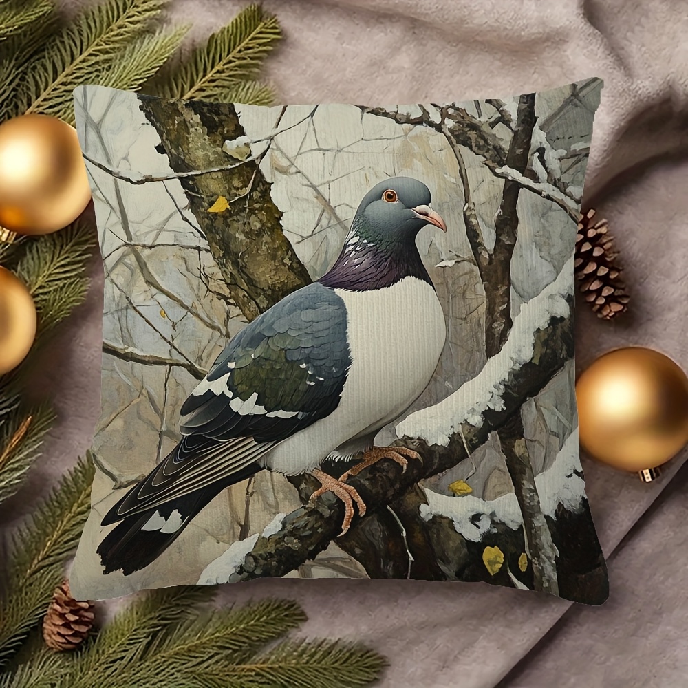 TEMU 1pc Contemporary Style Polyester Throw Pillow Cover, Double-sided Wood Pigeon Print, Machine Washable, Zipper Closure, Woven Decorative Cushion