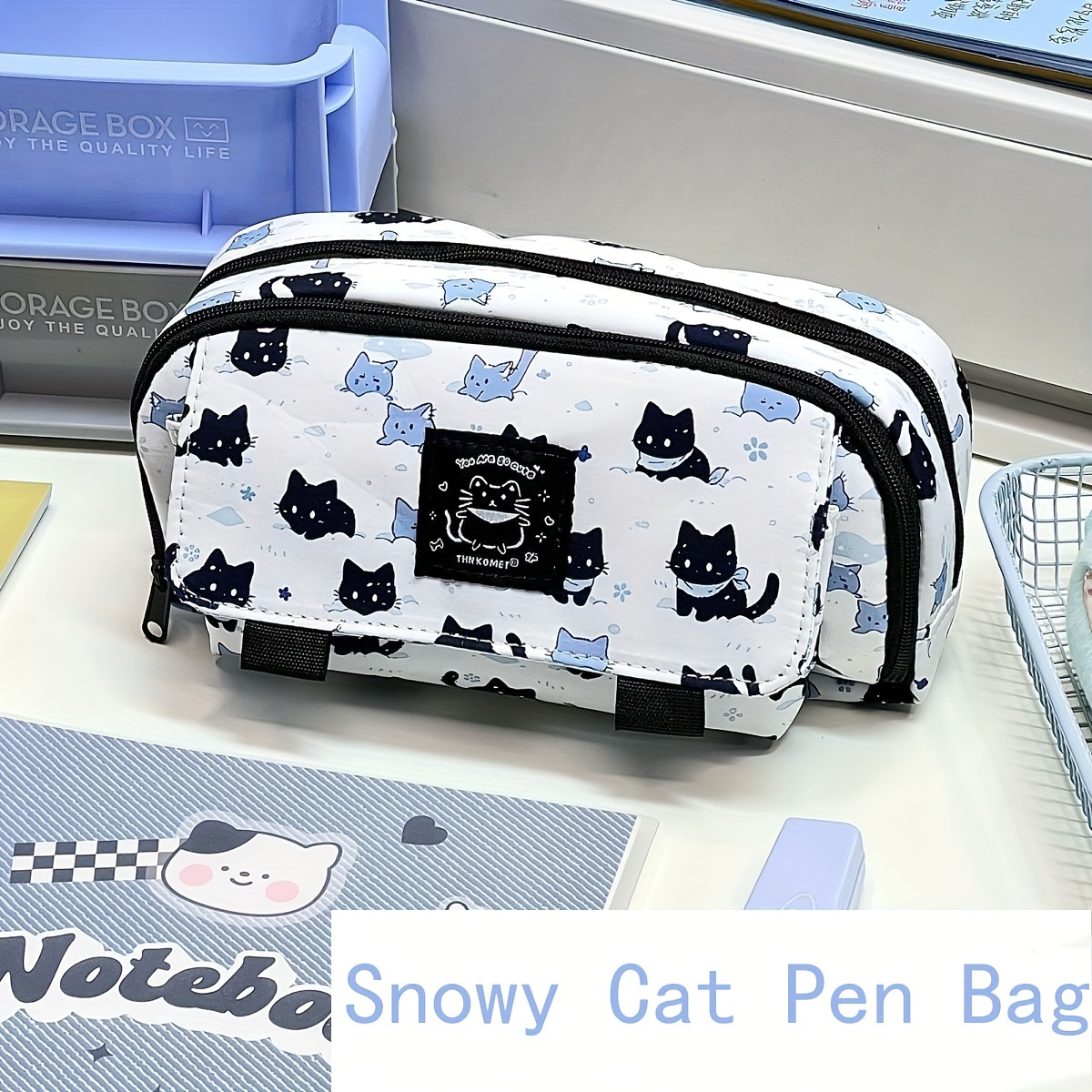 

Polyester Double-layer Pencil Case - Snowy Cat Print, Multi-functional With Transparent Mesh Bag, School Stationery Organizer