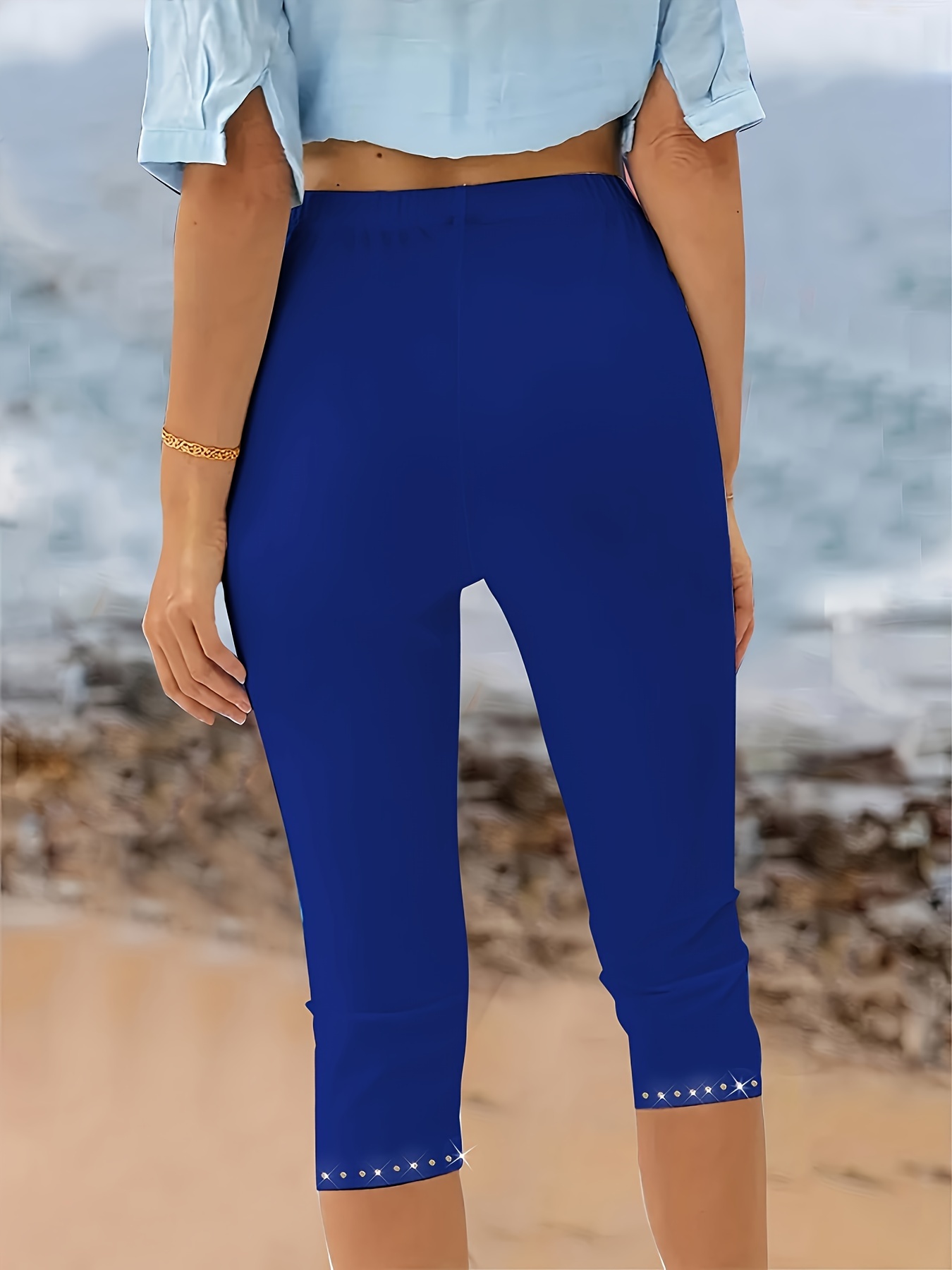 Plus Size Rhinestone Decor Capri Leggings, Casual High Waist Stretchy Leggings For Spring & Summer, Women's Plus Size Clothing