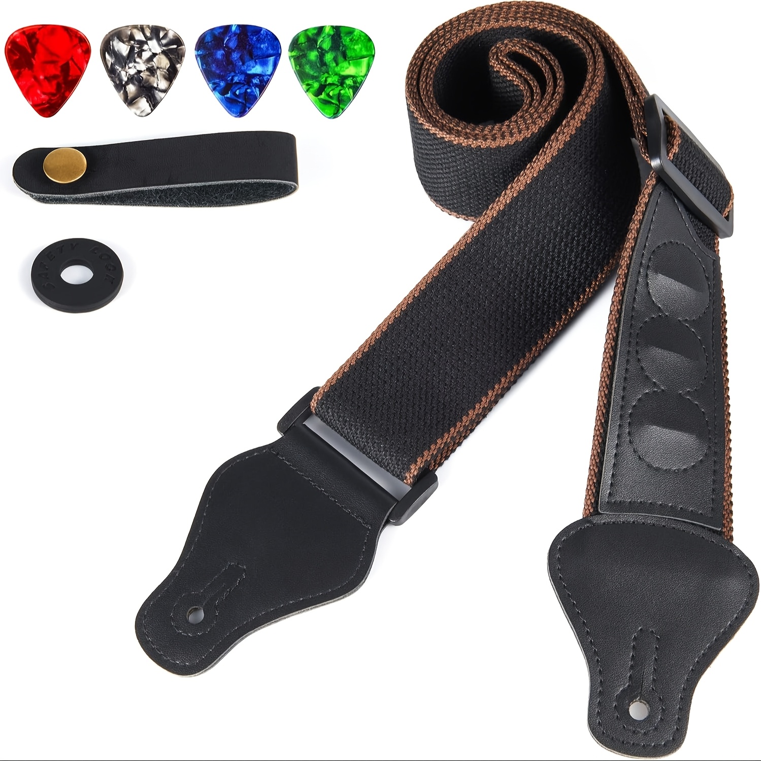 Image of Guitar Strap, With 3 Pickup Slots For Acoustic Guitar. Includes 1 Strap With Pickup Slots, 1 Neck Strap, 3 Colored Pickups, And 1 Lock Anti-loose Silicone Pad