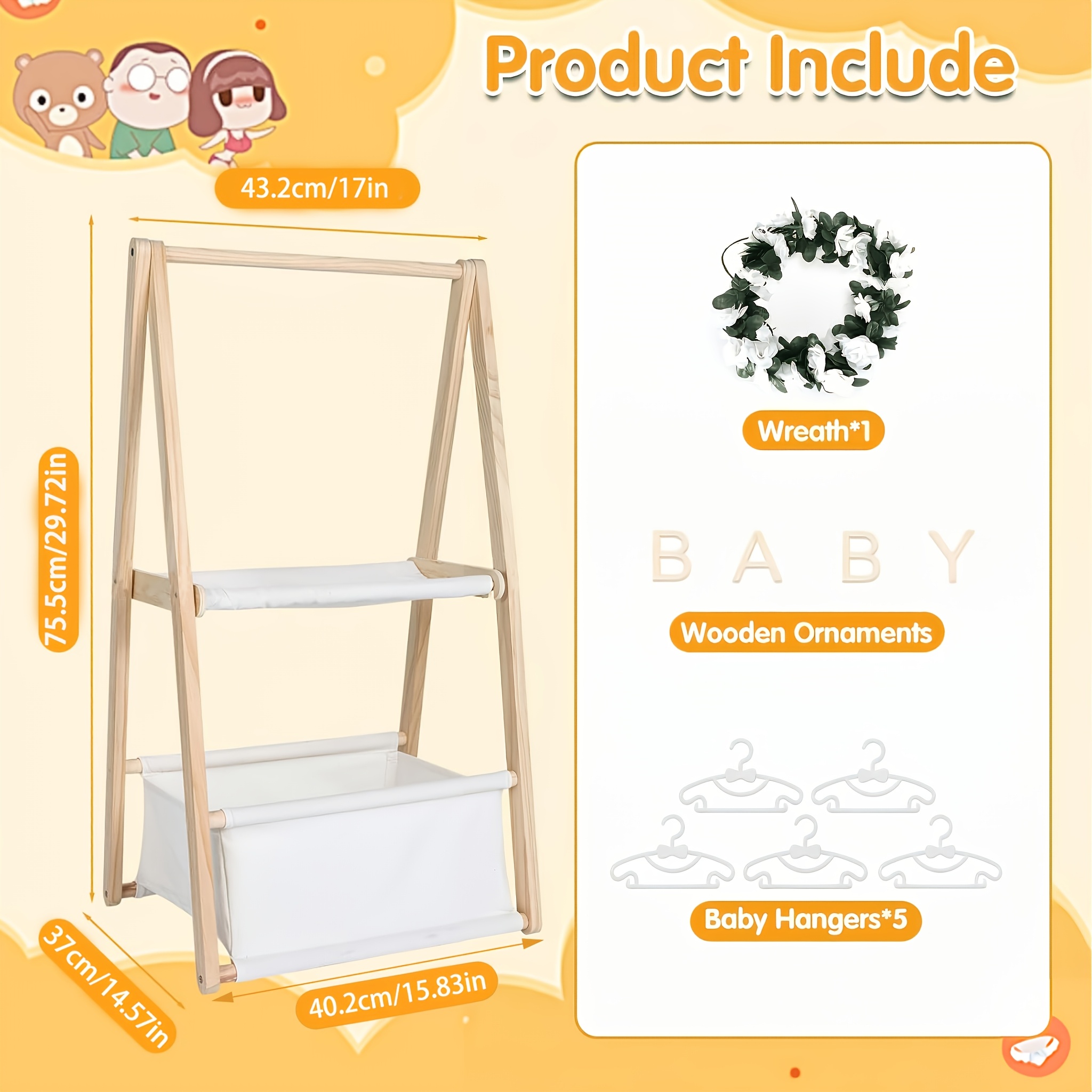 Image of Wooden Baby Shower , Double-layered Baby Basket With Hangers, Foldable Storage Crate For Baby Shower, Newborn Clothing Display Rack & Gift Organizer, Shelf Baskets Christmas, Halloween