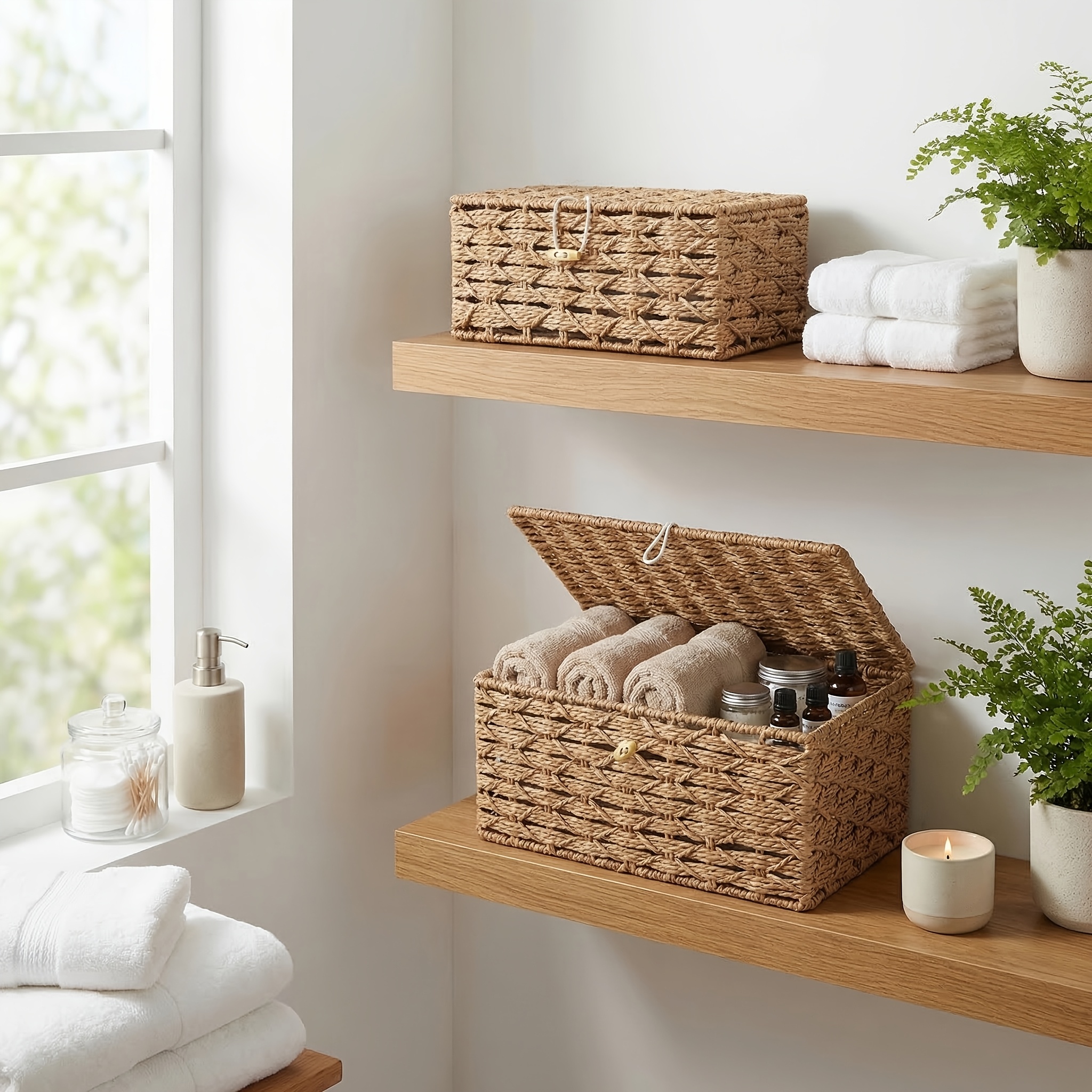 2pcs Storage Baskets with Lids, Buckle Small And Large Combination Storage Boxes, Dressing Table Desktop Cosmetics, Bathroom Cabinet Kitchen Sundry Storage Baskets, Shelf Baskets