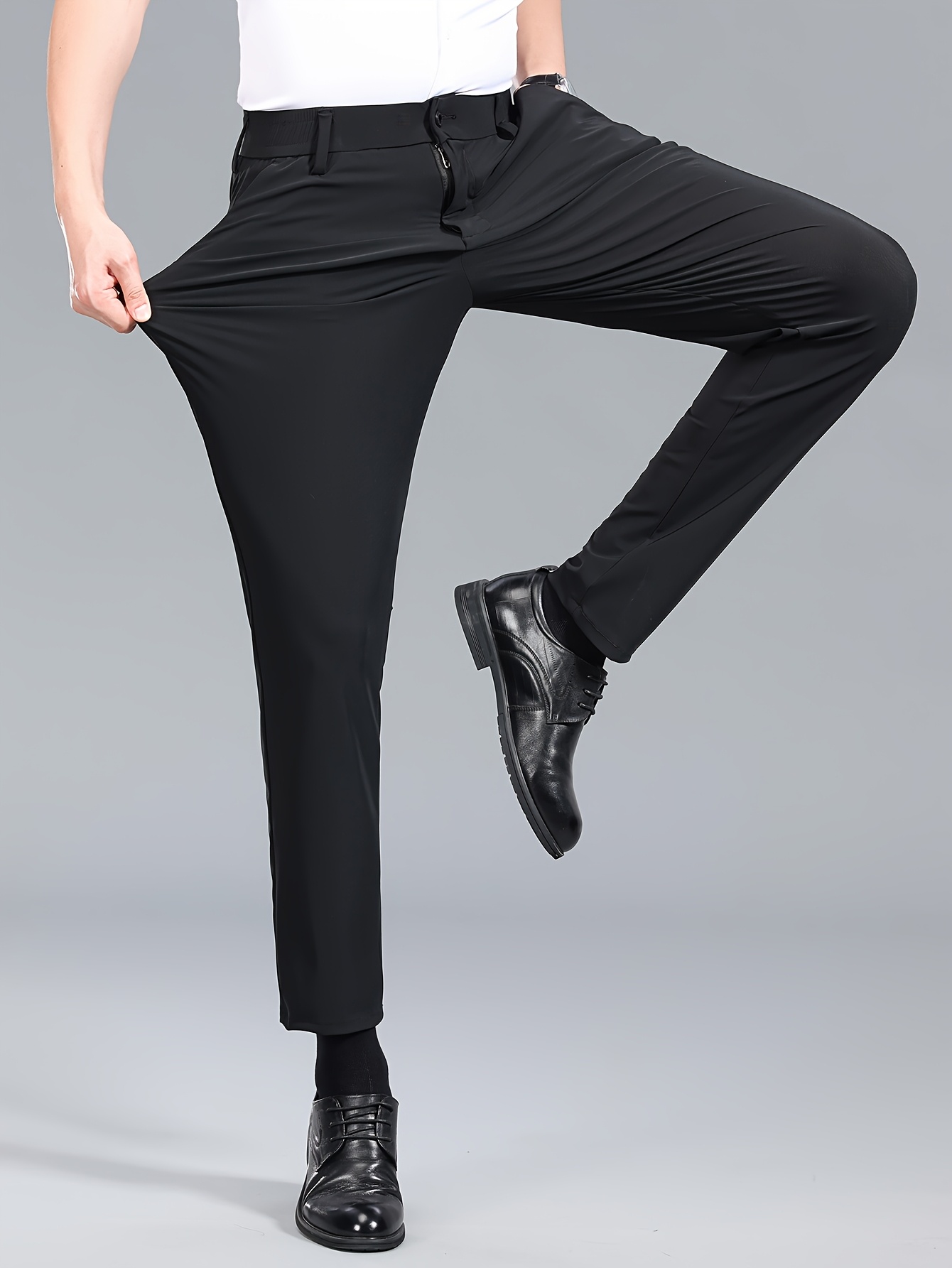 *'S Stylish Summer Business Casual Pants High Stretch *- Straight Leg  Trousers with Button Detail, Black Office Formal