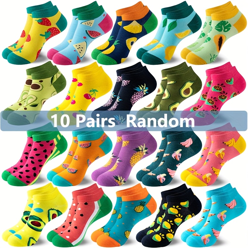 Image of Random 10/20 Pairs Men's And Vegetable Pattern Ankle Socks - Colorful Knit, Machine Washable, Low-cut Design For Casual Wear, Cute Socks - Perfect Gift For , Outdoor Sports, Sweat-resistant