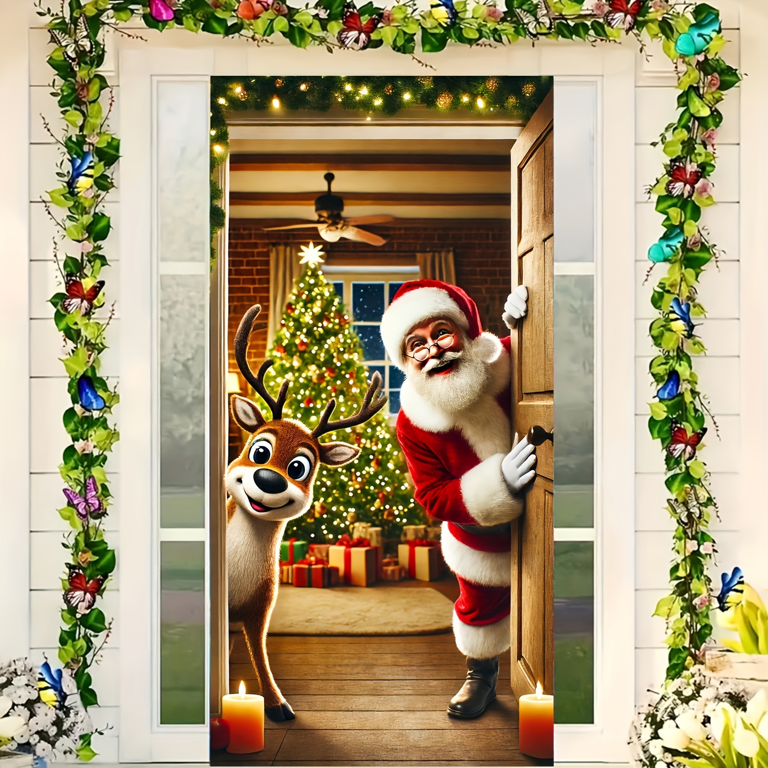 TEMU 2d Flat, Christmas & New Year Santa Claus Banner - 2d Flat Door Decoration With Santa Face & "merry Christmas Happy New Year" Text, /outdoor