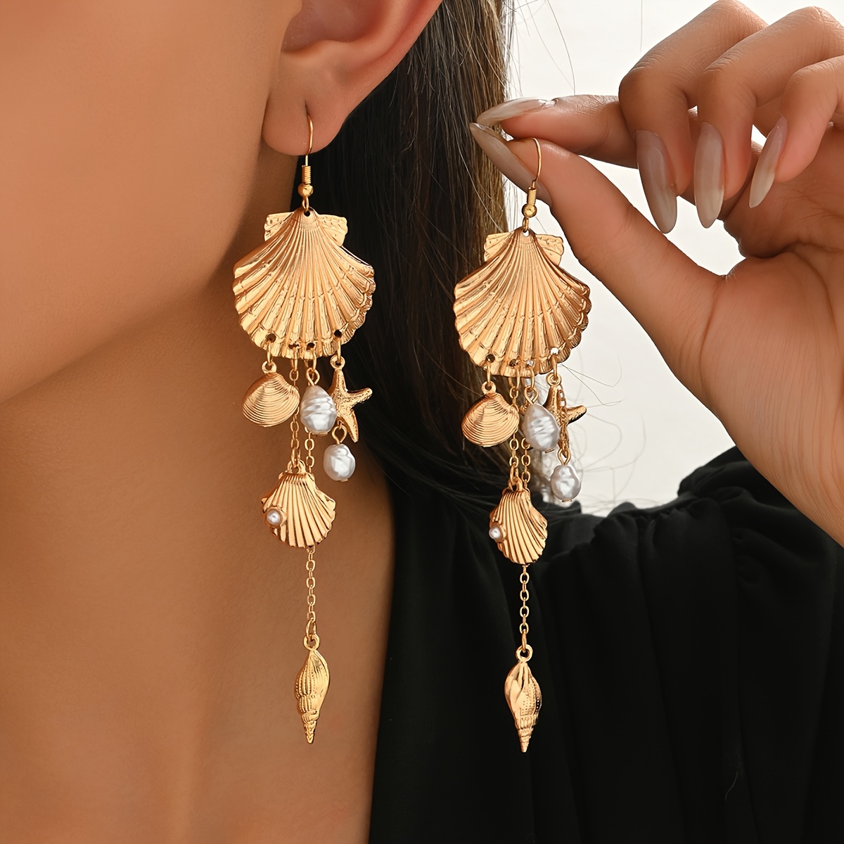 E-shop 1 Paar Damen-Ohrringe im Urlaubs-Ozean-Thema, modischer Bohemian-Stil mit Muschelschalen- Seestern-/Meeresbewohner-förmigen Anhängern,