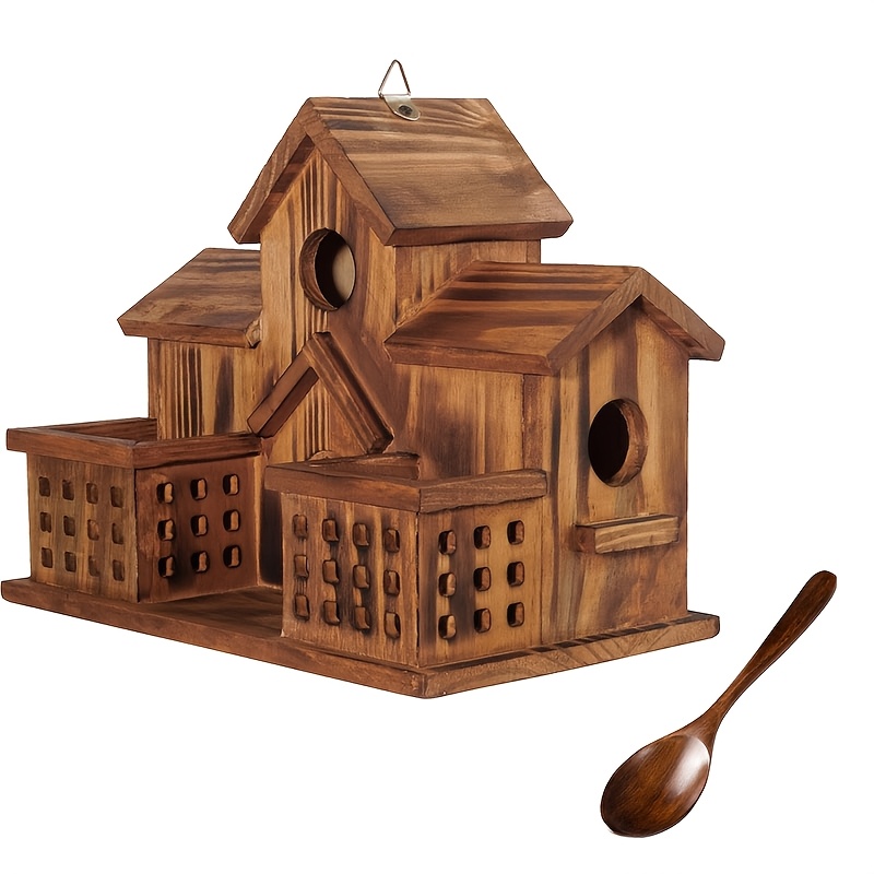 Outdoor Birdhouse With Feeding Spoon, Featuring A Compact House Style, Suitable For And . This Hanging Nest Box Of Natural Wood, Ideal For Hummingbirds And