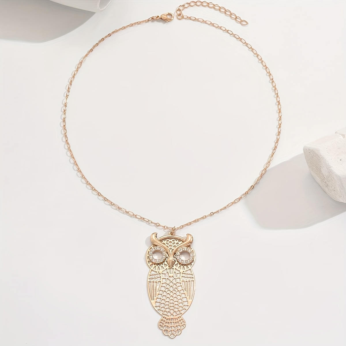 TEMU Elegant Owl Pendant Necklace - Golden-tone Alloy With Sparkling Rhinestones, Bohemian Street Style Jewelry For Women, Daily Wear Or Vacation,