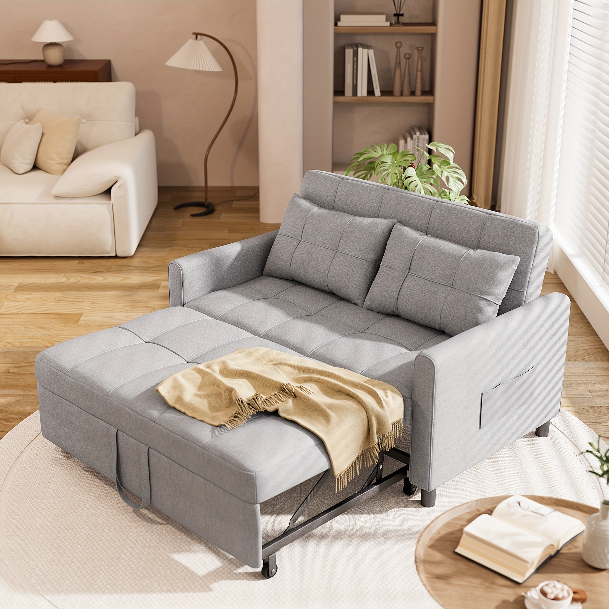 Sleeper Sofa Couch Bed 3 in 1 Convertible Sofa Bed 52 2 Seater Loveseat with Pull Out Bed Linen Fabric Futon Couches with Pillows Pockets for Living Room Apartment Small Space Gray
