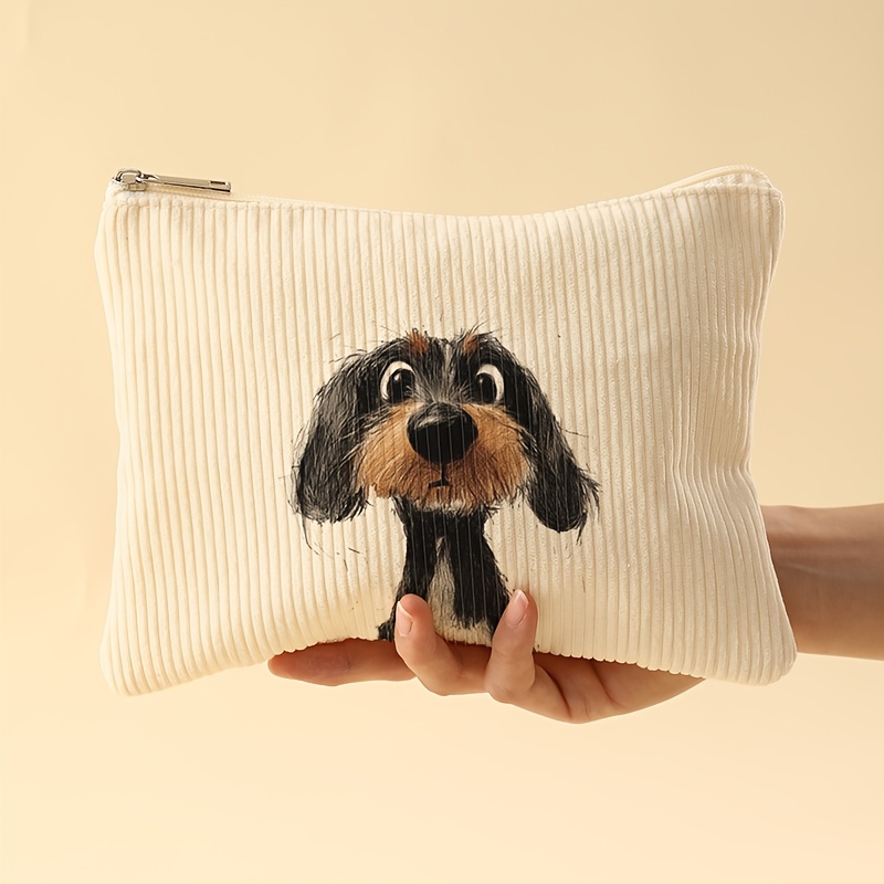 Image of Black Big Eared Dog Printed Corduroy Makeup Bag - Lightweight Zippered Makeup Bag, Suitable For Cosmetics And Additions, Unisex