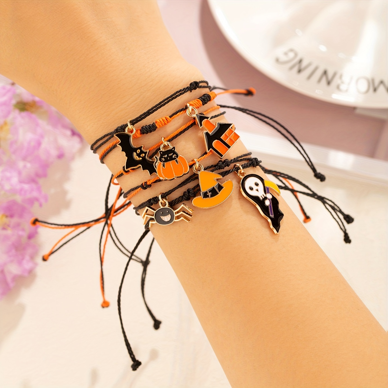 

6pcs Halloween Bracelet Set: Spider, Bat, & Hat For Women's Fashion Accessories