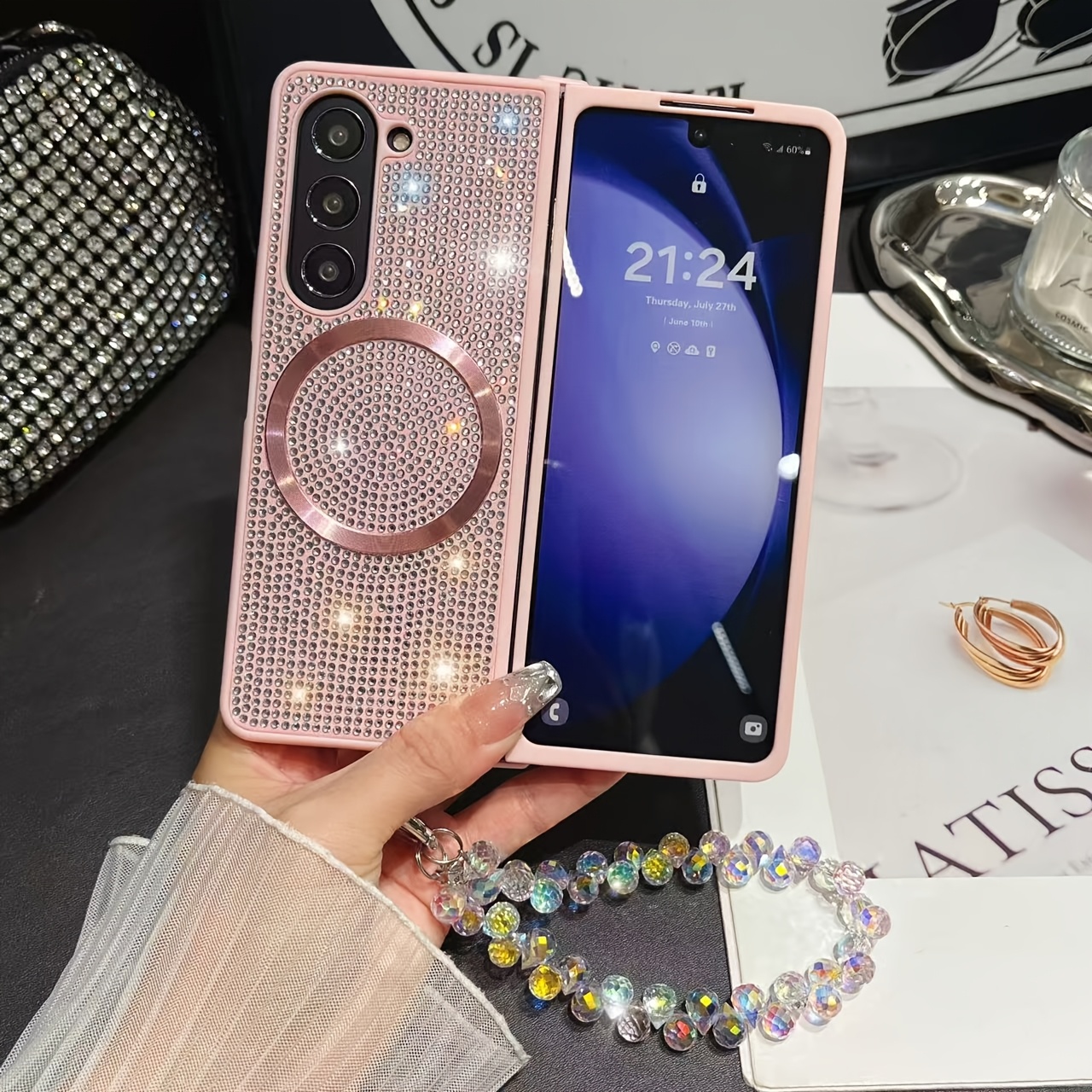 TEMU Phone Case - Fashion Phone Case For Galaxy Z Fold 7/z Fold 5/z Fold 6/z Fold 4/z Fold 3, With And Rhinestone Decoration, Phone Protector