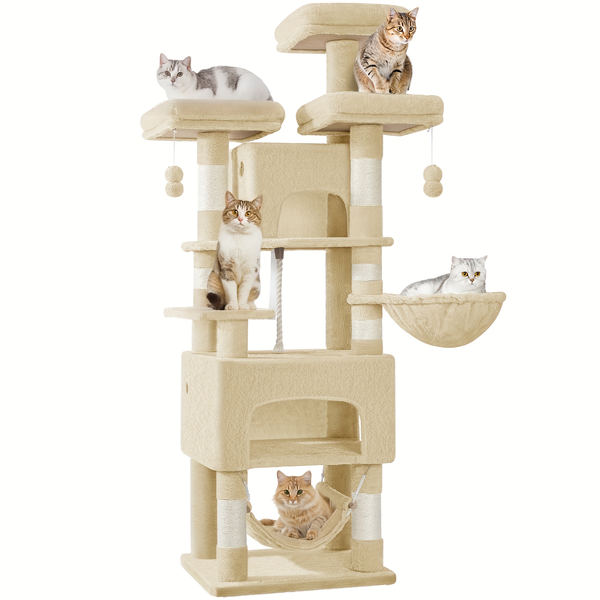 TEMU Albero per , Albero per 176 cm, XL, 3 piattaforme, 2 , 7 tiragraffi, amaca, palline di peluche, tiragraffi per per famiglie con pi羅 , beige