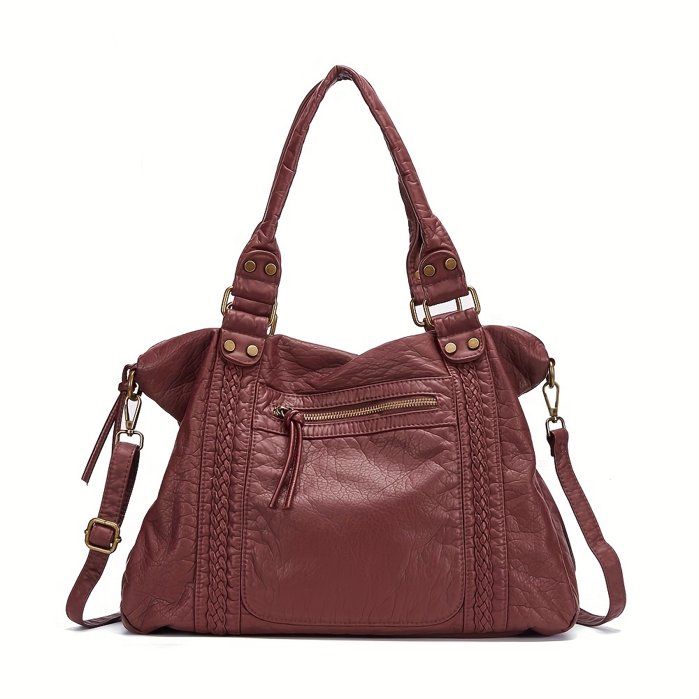 

[retro ] Vintage Washed Burgundy Tote Bag For Women - Large Capacity Handbag With Adjustable Strap, Zipper Closure & Multiple Compartments