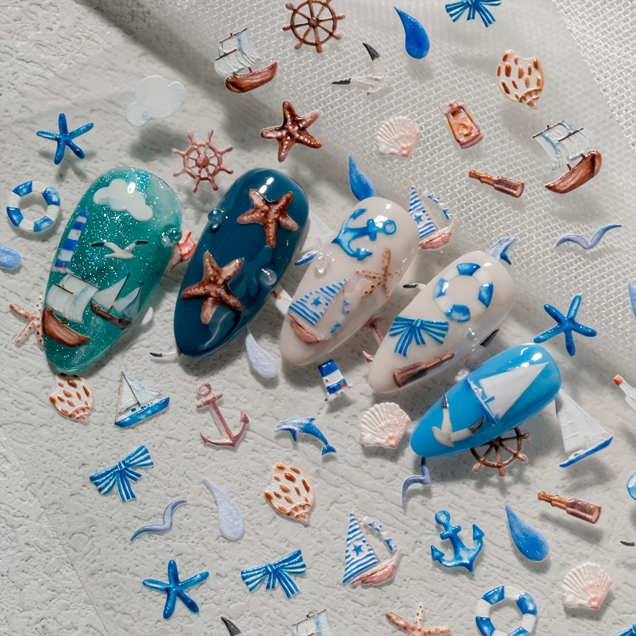 -style Nail Stickers With Seaside Elements Such As , Sailboats, Starfish, Shells And Anchors, Full Of . Perfect For Seaside Vacations And Summer Outfits, Ideal For For Diy Nail Art.