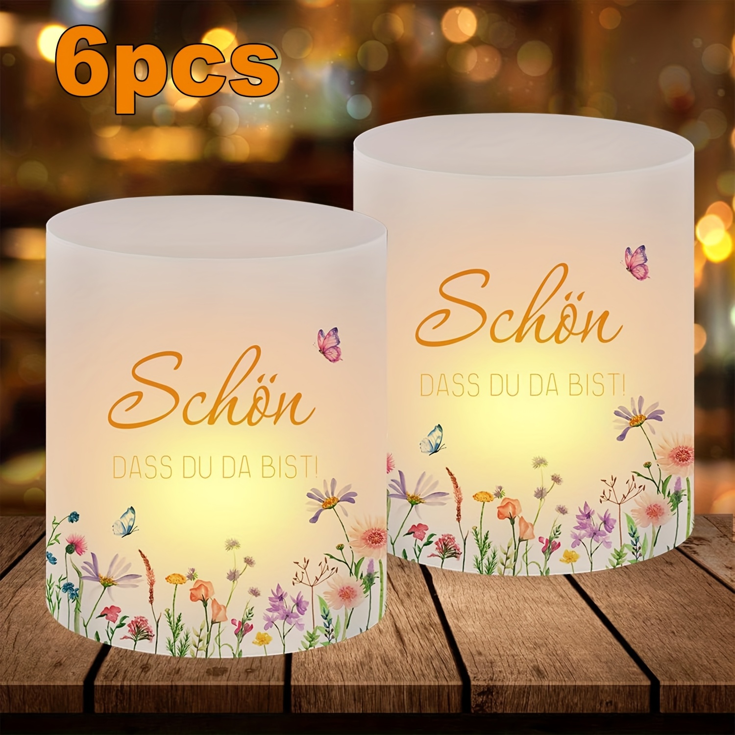 E-shop 6-teiliges Set, Deutsche "Schön, dass Sie da sind" Kerzenständer Tischdekoration, Schmetterling Blumendesign, Geburtstagskerzenständer