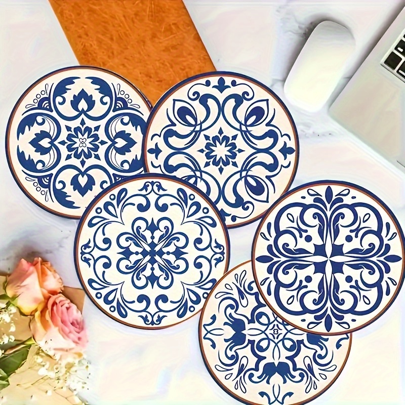 

Set Of 6 Blue Floral Wood Coasters - Decorative Heat-resistant Non-slip Table Mats For Home, Office, And Themed Parties, 3.9