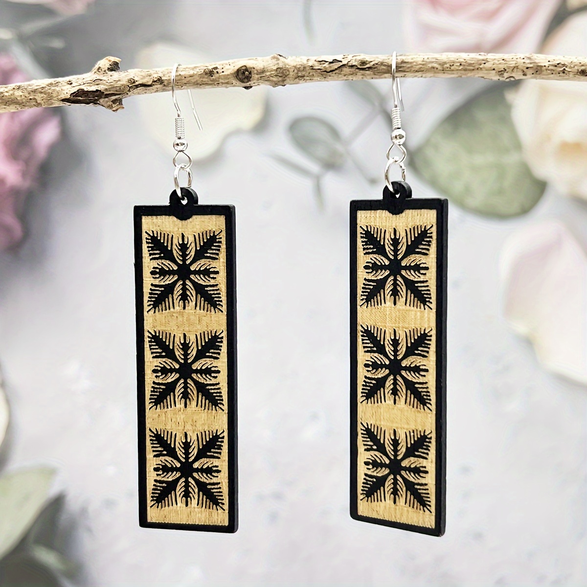 Boho Wooden Earrings Set, Vacation Style Long Carved Exaggerated Earrings